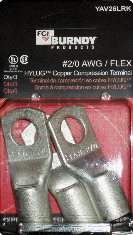 Burndy Industrial Ring Terminal Uninsulated 2/0 AWG 3/8 in. Silver 3 pk