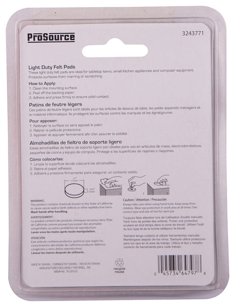 ProSource FE-50230-PS Furniture Pad, Felt Cloth, White, 1/2 in Dia, 5/64 in Thick, Round