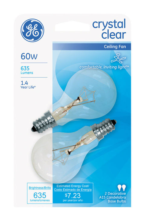 GE Incandescent Light Bulb 60 watts 635 lumens 2700 K A-Line A15 Candelabra Base (E12) 2 pk