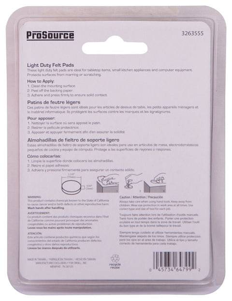 ProSource FE-50225-PS Furniture Pad, Felt Cloth, White, 1-3/8 in Dia, 5/64 in Thick, Round