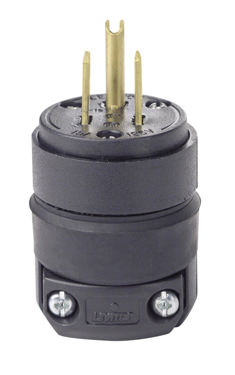 Leviton Commercial Rubber Straight Blade Rubber Plug 5-15P 18-12 AWG 2 Pole, 3 Wire Black