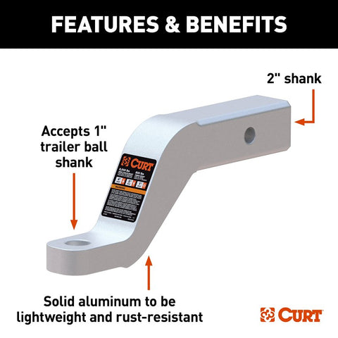 Curt 45361 Ball Mount, Cat Class 3, 1-Hole, 2 in, 1 in Dia Hitch Ball, Aluminum