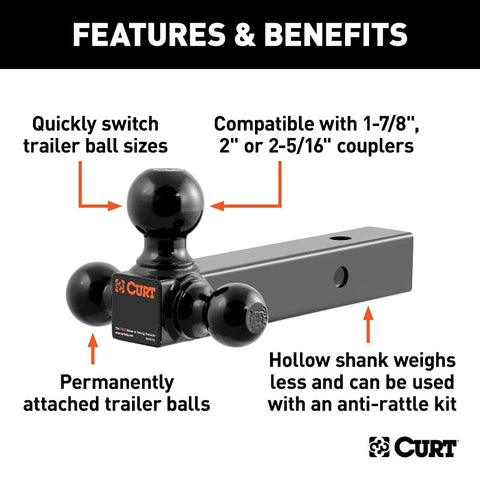 Curt 45652 Multi Ball-Mount, 1-7/8, 2, 2-5/16 in Dia Hitch Ball, Carbon Steel, Powder-Coated