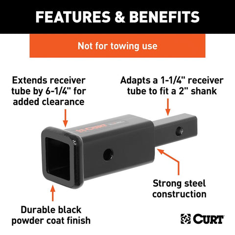 Curt 45785 Receiver Tube Adapter, 350 lb, Carbon Steel, Gloss/Powder-Coated, For: 1-1/4 to 2 in Shanks
