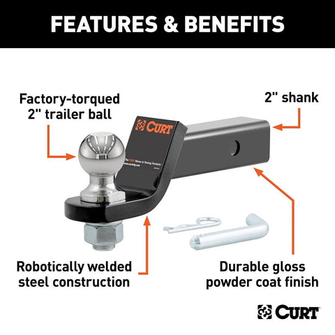 Curt 45836 Loaded Ball Mount, 1-Hole, 2 in, 2 in Dia Hitch Ball, Carbon Steel, Powder-Coated