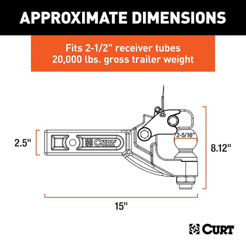 Curt 48012 Forged Receiver Mount Ball and Pintle Combination, Cat Class 5, 1-Hole, 2-1/2 in, 3 in Dia Hitch Ball