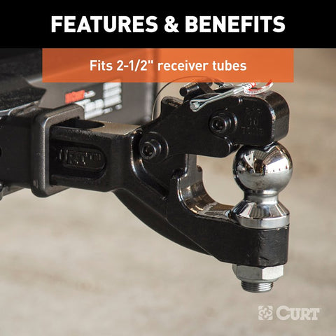 Curt 48012 Receiver-Mount Ball and Pintle Hitch, Class 5 Hitch, 3 in Dia Hitch Ball, Steel, Powder-Coated