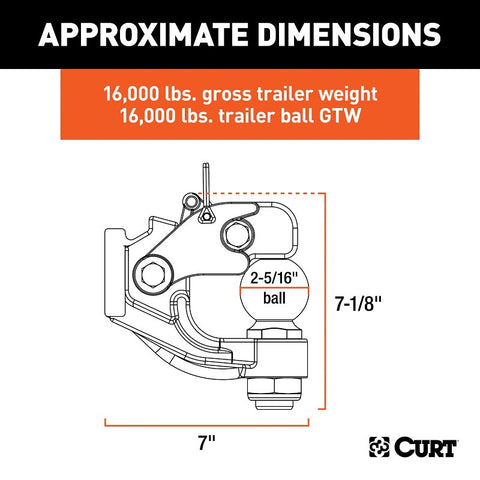 Curt 48200 Ball and Pintle Combination, 2-5/16 in, 2-1/2 in Dia Eye, 16,000 lb Working Load, Steel, Powder-Coated