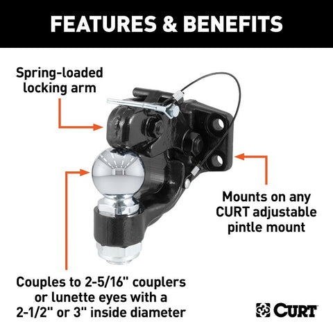 Curt 48200 Ball and Pintle Combination, 2-5/16 in, 2-1/2 in Dia Eye, 16,000 lb Working Load, Steel, Powder-Coated