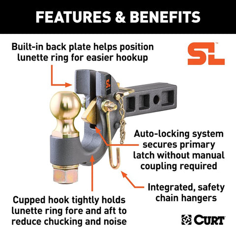 Curt 48406 SecureLatch Receiver Mount Ball and Pintle Hitch, 1-Hole, 2 in, 2-5/16 in Dia Hitch Ball, Carbon Steel