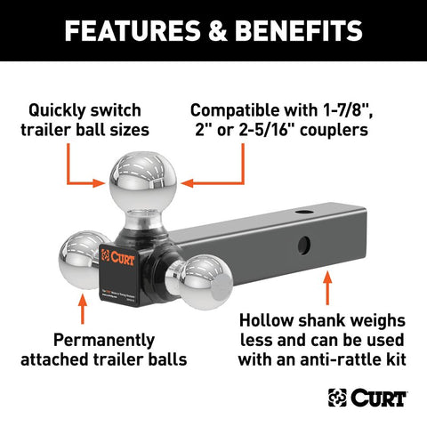 Curt 45001 Ball-Mount, 1-7/8, 2, 2-5/16 in Dia Hitch Ball, Steel, Powder-Coated