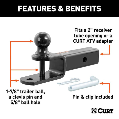 Curt 45005 3-in-1 ATV Ball Mount, 1-Hole, 2 in, 1-7/8 in Dia Hitch Ball, Steel, Powder-Coated