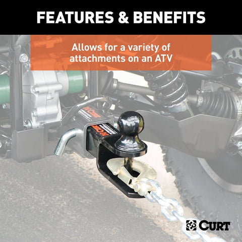Curt 45005 3-in-1 ATV Ball Mount, 1-Hole, 2 in, 1-7/8 in Dia Hitch Ball, Steel, Powder-Coated