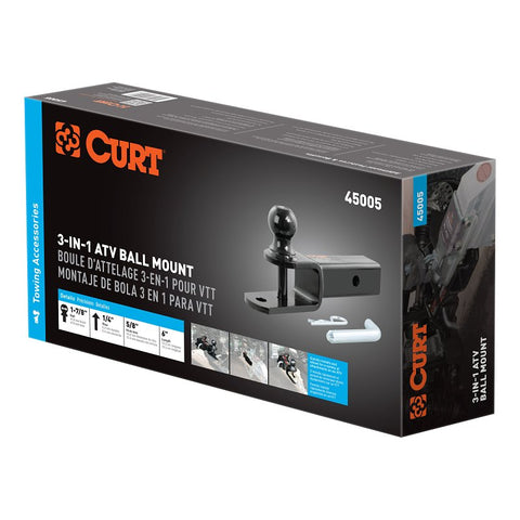 Curt 45005 3-in-1 ATV Ball Mount, 1-7/8 in Dia Hitch Ball, Steel, Gloss Powder-Coated