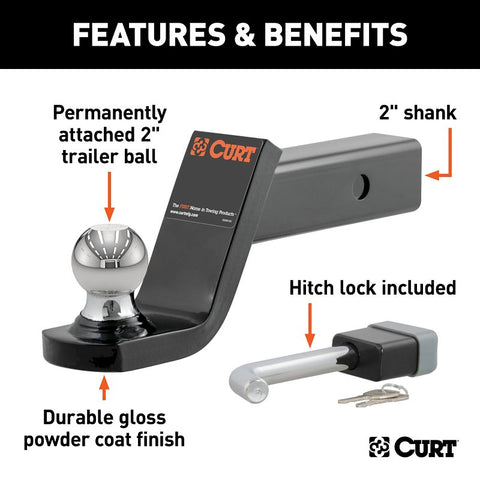Curt 45142 Towing Starter Kit, Cat Class 3, 4, 5, 1-Hole, 2 in, 2 in Dia Hitch Ball, Powder-Coated
