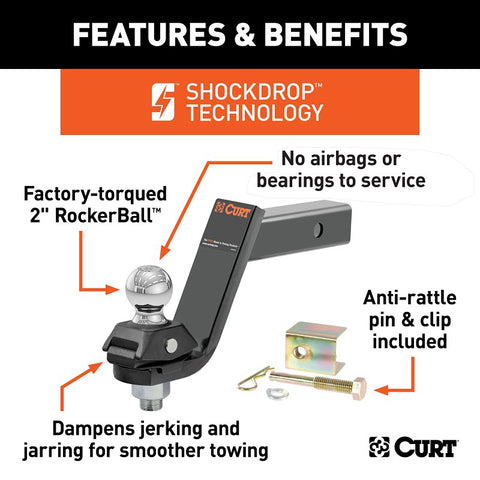 Curt RockerBall Series 45144 Cushion Hitch Kit, Cat Class 3, 4, 5, 1-Hole, 2 in, 2 in Dia Hitch Ball, Steel