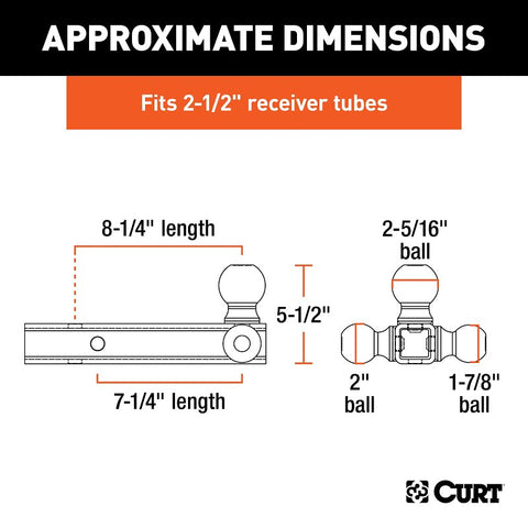 Curt 45651 Multi-Ball Mount, 2-Hole, 2-1/2 in, 1-7/8, 2, 2-5/16 in Dia Hitch Ball, Steel, Powder-Coated