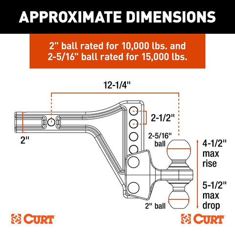 Curt 45935 Adjustable Trailer Hitch Dual Ball Mount, 7-Hole, 2 in, 2, 2-5/16 in Dia Hitch Ball, Carbon Steel