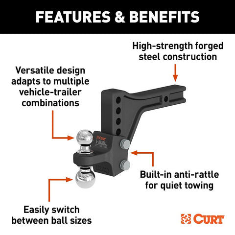 Curt 45935 Adjustable Trailer Hitch Dual Ball Mount, 7-Hole, 2 in, 2, 2-5/16 in Dia Hitch Ball, Carbon Steel