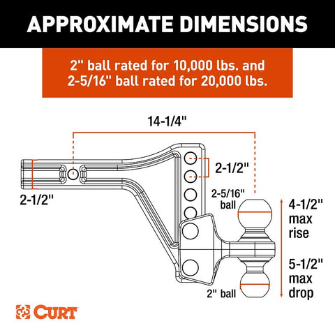 Curt 45937 Adjustable Trailer Hitch Ball Mount, 8-Hole, 2-1/2 in, 2, 2-5/16 in Dia Hitch Ball, Carbon Steel