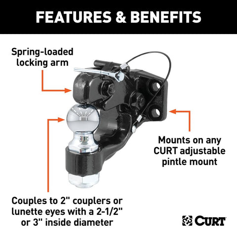 Curt 48190 Ball and Pintle Combination, 2 in, 16000 lb Working Load, Steel, Powder-Coated