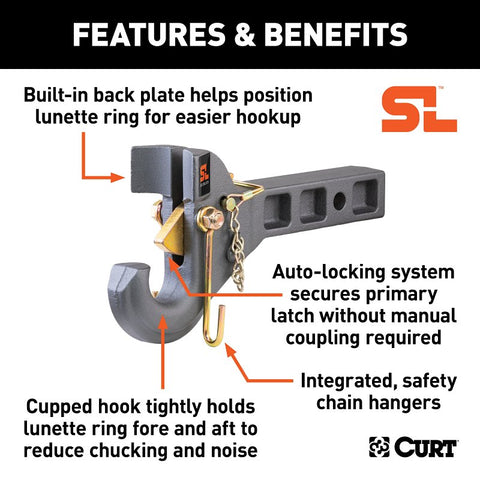 Curt SecureLatch Series 48405 Receiver-Mount Pintle Hook, 2 in, 2 in H, 14,000 lb Working Load, Carbon Steel