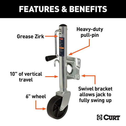 Curt 25003 Marine Jack with 6 in Wheel, 1000 lb Lifting, 23-1/4 in Max Lift H