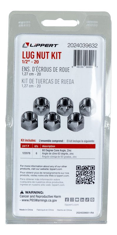 Lippert 2024039632 Lug Nut Kit, Steel, Zinc-Plated, For: 2200 lb Trailer Wheel Hubs