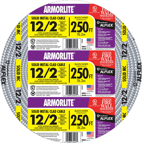 Southwire Armorlite 250 ft. 12/2 Aluminum Armored MC Cable Black/White/Green