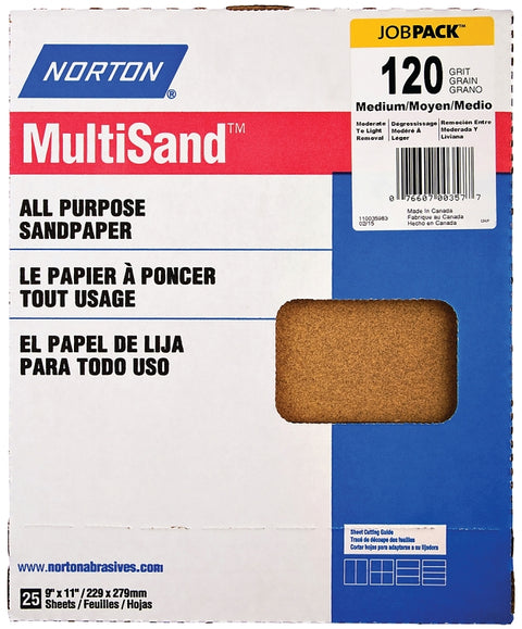 Norton Adalox 07660700159 Sanding Sheet, 11 in L, 9 in W, Medium, 120 Grit, Aluminum Oxide Abrasive, Paper Backing, Pack of 500