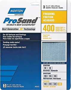 Norton ProSand 07660768156 Sanding Sheet, 11 in L, 9 in W, Super Fine, 400 Grit, Aluminum Oxide Abrasive, Paper Backing