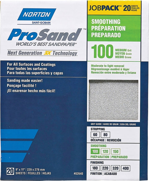 Norton ProSand 07660768173 Sanding Sheet, 11 in L, 9 in W, Medium, 100 Grit, Aluminum Oxide Abrasive, Paper Backing