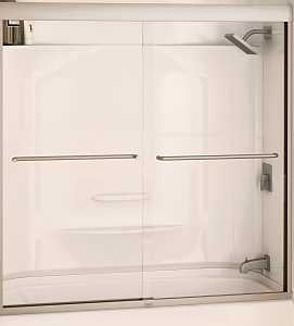 Maax Aura 135661-900-305 Bathtub Door, Nickel Frame, Semi Frame, Clear Glass, Bypass/Sliding Door, 1/4 in Glass