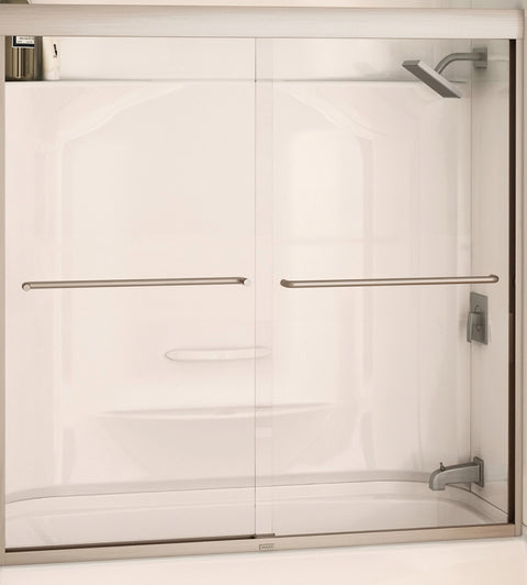 Maax Aura 135661-900-305 Bathtub Door, Nickel Frame, Semi Frame, Clear Glass, Bypass/Sliding Door, 1/4 in Glass