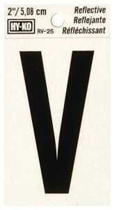Hy-Ko RV-25/V Reflective Letter, Character: V, 2 in H Character, Black Character, Silver Background, Vinyl, Pack of 10