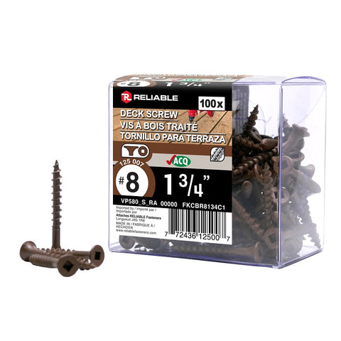 Reliable FKCBR8134C1 Deck Screw, #8-10 Thread, 1-3/4 in L, Coarse, Partial Thread, Bugle, Flat Head, Square Drive, Steel