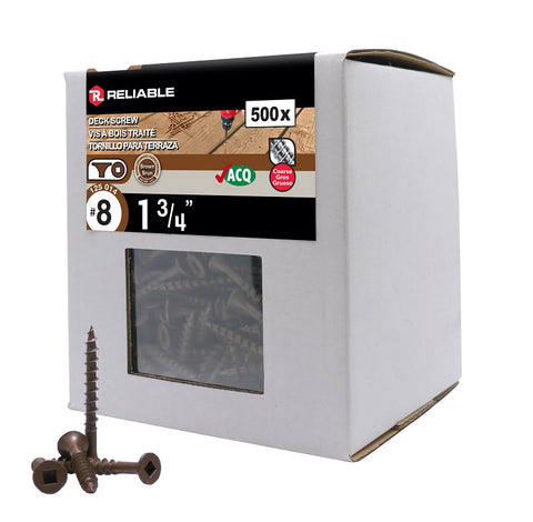 Reliable FKCBR8134C5 Deck Screw, #8-10 Thread, 1-3/4 in L, Coarse, Partial Thread, Bugle, Flat Head, Square Drive, Steel