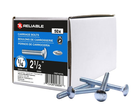 Reliable CBZ14212L Carriage Bolt, 1/4-20 Thread, Coarse, Full Thread, 2-1/2 in OAL, Steel, Zinc-Plated, A Grade