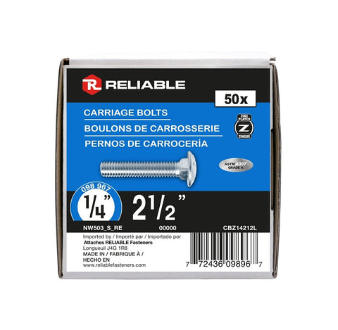 Reliable CBZ14212L Carriage Bolt, 1/4-20 Thread, Coarse, Full Thread, 2-1/2 in OAL, Steel, Zinc-Plated, A Grade