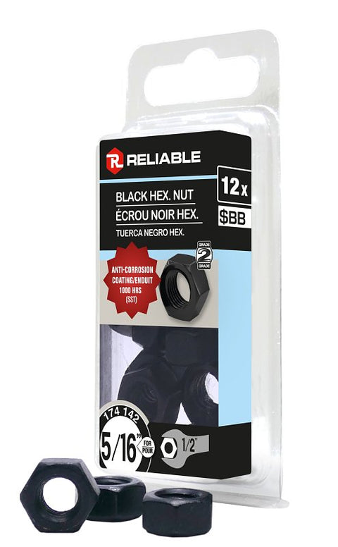 Reliable FHNCBLK516MR Hex Nut, Coarse Thread, 5/16-18 Thread, Steel, ACQ Black Epoxy, 2 Grade