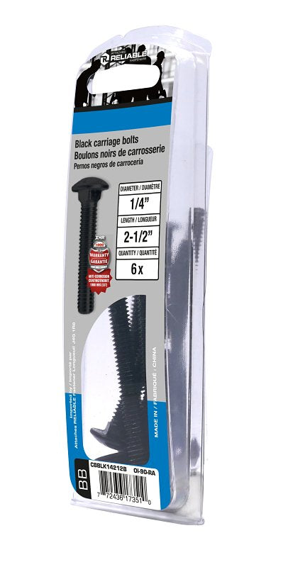 Reliable CBBLK14212B Carriage Bolt, 1/4-20 Thread, Coarse, Full Thread, 2-1/2 in OAL, Steel, Rustproof, A Grade