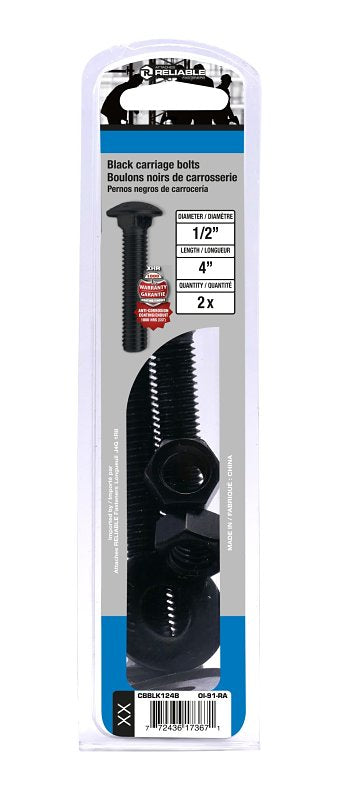 Reliable CBBLK124B Carriage Bolt, 1/2-13 Thread, Coarse, Full Thread, 4 in OAL, Steel, Rustproof, A Grade