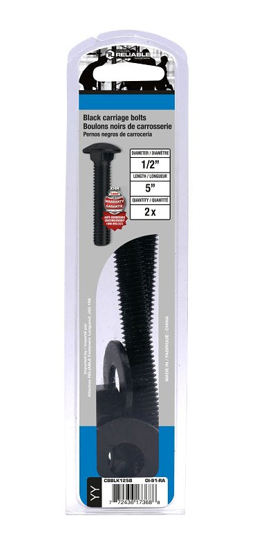 Reliable CBBLK125B Carriage Bolt, 1/2-13 Thread, Coarse, Full Thread, 5 in OAL, Steel, Rustproof, A Grade