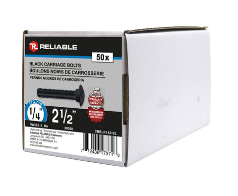 Reliable CBBLK14212L Carriage Bolt, 1/4-20 Thread, Coarse, Full Thread, 2-1/2 in OAL, Steel, Rustproof, A Grade