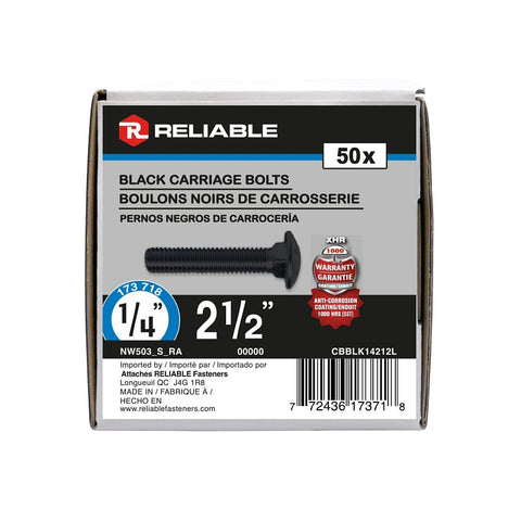 Reliable CBBLK14212L Carriage Bolt, 1/4-20 Thread, Coarse, Full Thread, 2-1/2 in OAL, Steel, Rustproof, A Grade