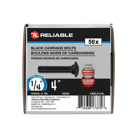 Reliable CBBLK144L Carriage Bolt, 1/4-20 Thread, Coarse, Full Thread, 4 in OAL, Steel, Rustproof, A Grade