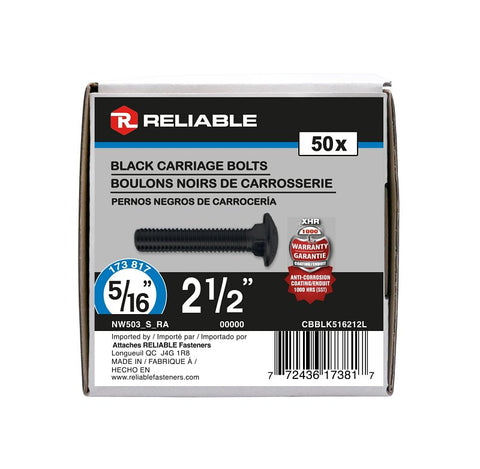 Reliable CBBLK516212L Carriage Bolt, 5/16-18 Thread, Coarse, Full Thread, 2-1/2 in OAL, Steel, Rustproof, A Grade