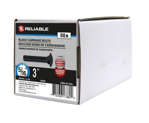 Reliable CBBLK5163L Carriage Bolt, 5/16-18 Thread, Coarse, Full Thread, 3 in OAL, Steel, Rustproof, A Grade
