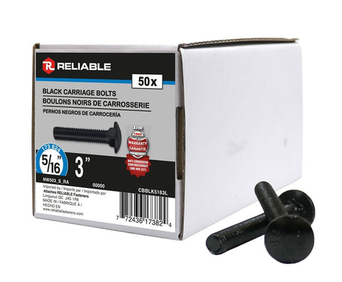 Reliable CBBLK5163L Carriage Bolt, 5/16-18 Thread, Coarse, Full Thread, 3 in OAL, Steel, Rustproof, A Grade