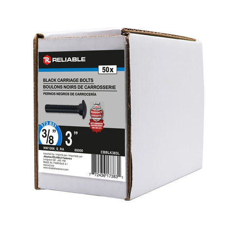 Reliable CBBLK383L Carriage Bolt, 3/8-16 Thread, Coarse, Full Thread, 3 in OAL, Steel, Rustproof, A Grade